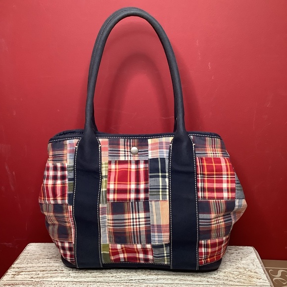 J. Crew Multicolor Classic Cotton Madras Preppy Patchwork Purse Tote Bag Navy - Picture 2 of 13